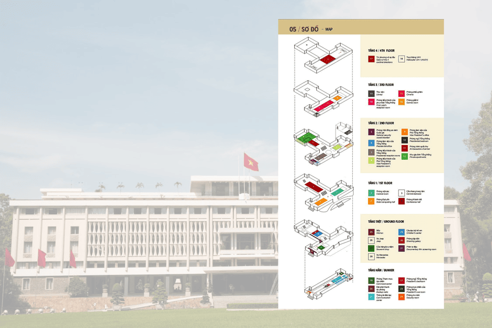 The Independence Palace was constructed in a T-shaped layout, consisting of a total of five floors and one basement